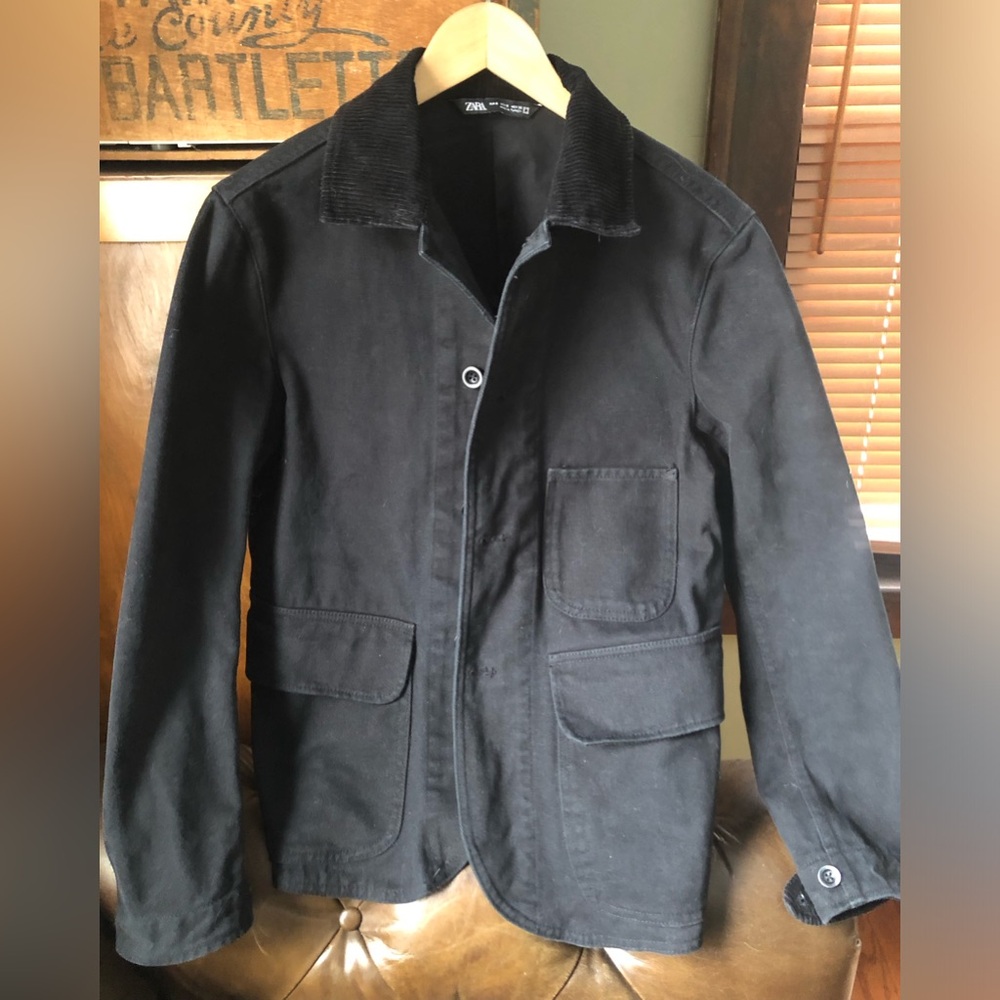 Zara Men's Black Denim Chore Coat w/Corduroy Collar
